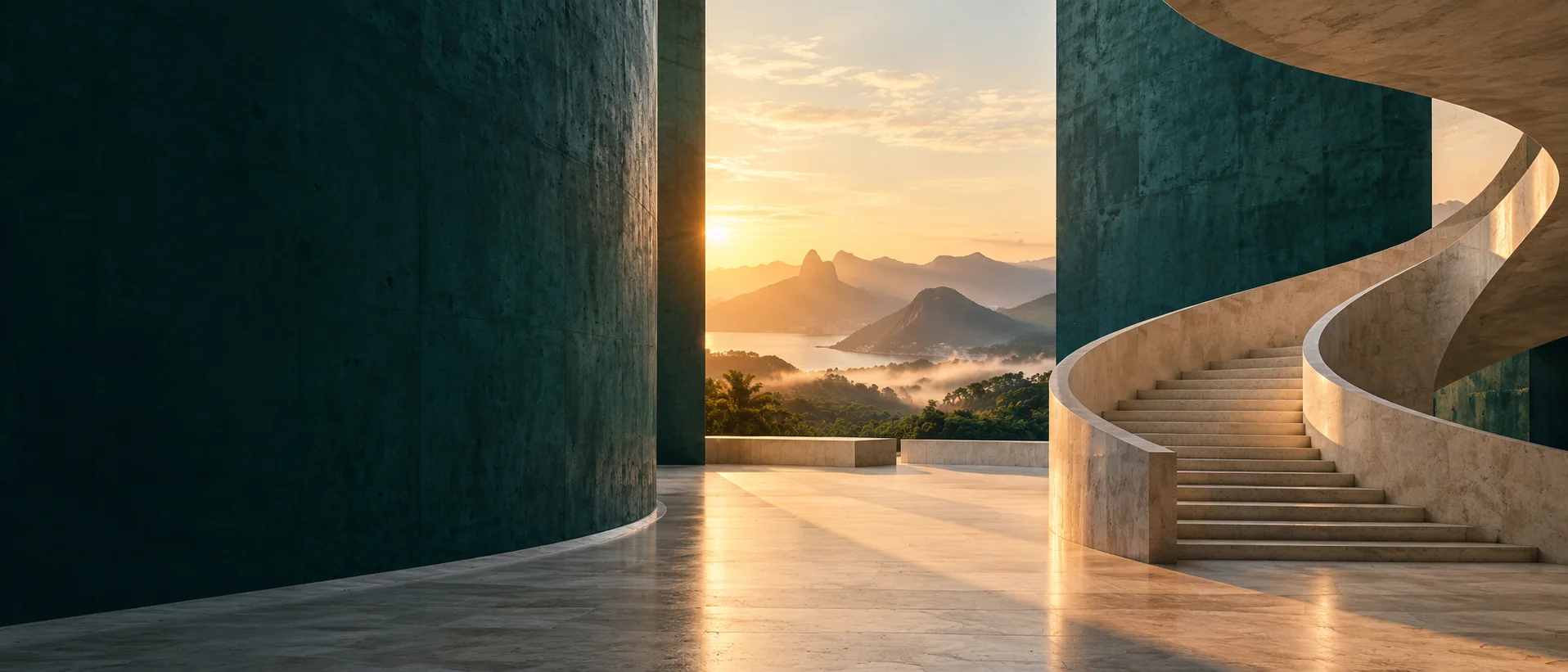 Cena arquitetônica conceitual com uma escadaria voltada para um horizonte de montanhas ao amanhecer.